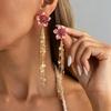 Sweet Temperament Pink Oil-dripping Flower Imitation Pearl Crystal Tassel Chain Dangle Earrings for Women Vacation Jewelry Gifts