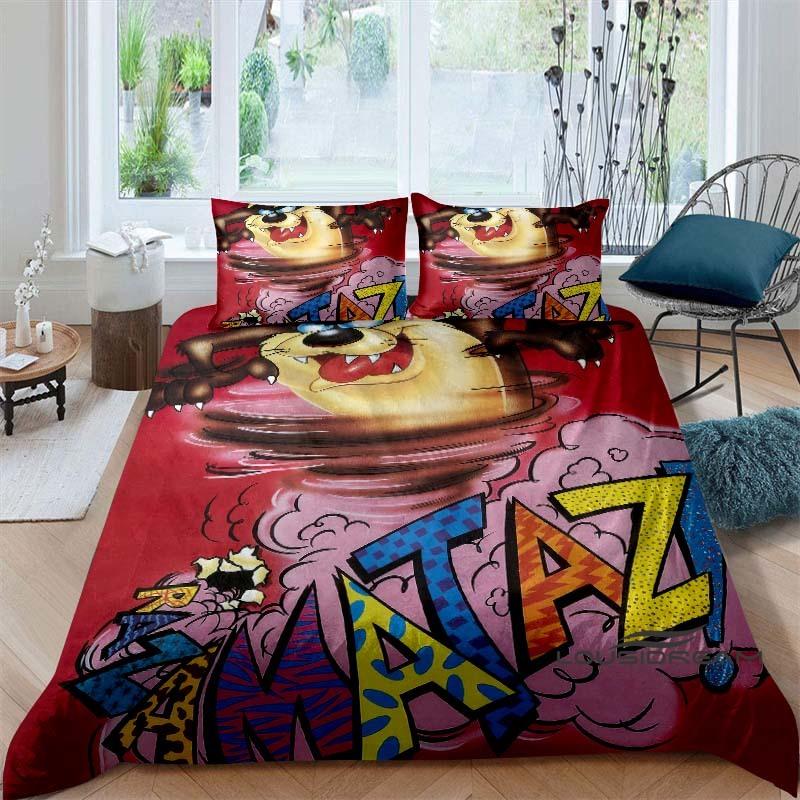 Cartoon T-Tasmanian Devil bedding set, printed single duvet cover and pillowcase three-piece set, children's and adult sizes.002