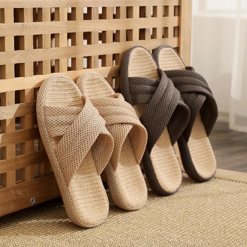 Fashion Women Home Floor Flax Slippers 2025 Spring Summer Shoes Breathable Fabric Anti-slip Couples Indoor Linen Slides House Footwear