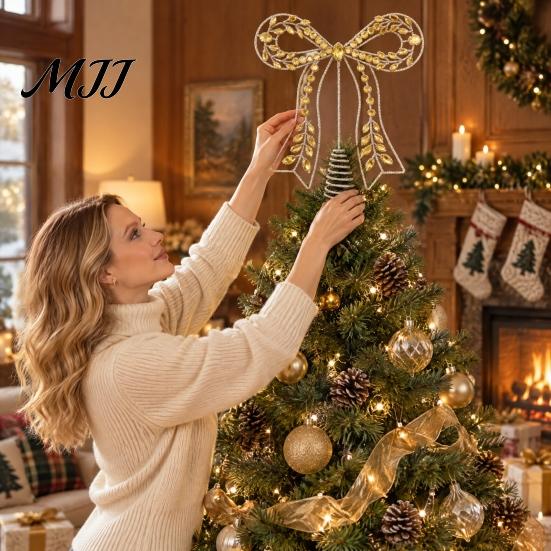 Indoor Festive Window Ornament Iron Bow Christmas Tree Topper, Gold Rhinestone Hollow-Cut Metal Light Luxury Holiday Party Decor with Spiral