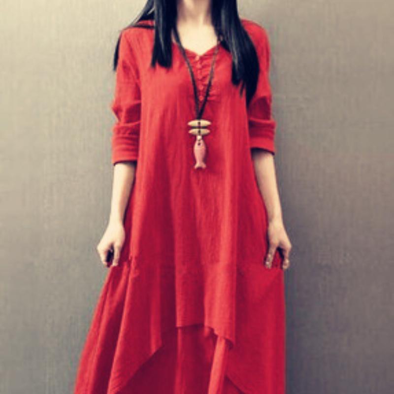 

Жіночі елегантні сукні з довгими рукавами Модні повсякденні сукні максі з бавовни та льону Вільні однотонні повсякденні сукні з круглим вирізом M червоний