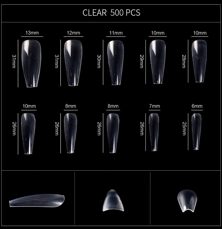 kads 500pcs Full Cover Square False Nail Tips Nail Art White Nature Clear 10 Sizes Fake Nails Manicure Extension Tools