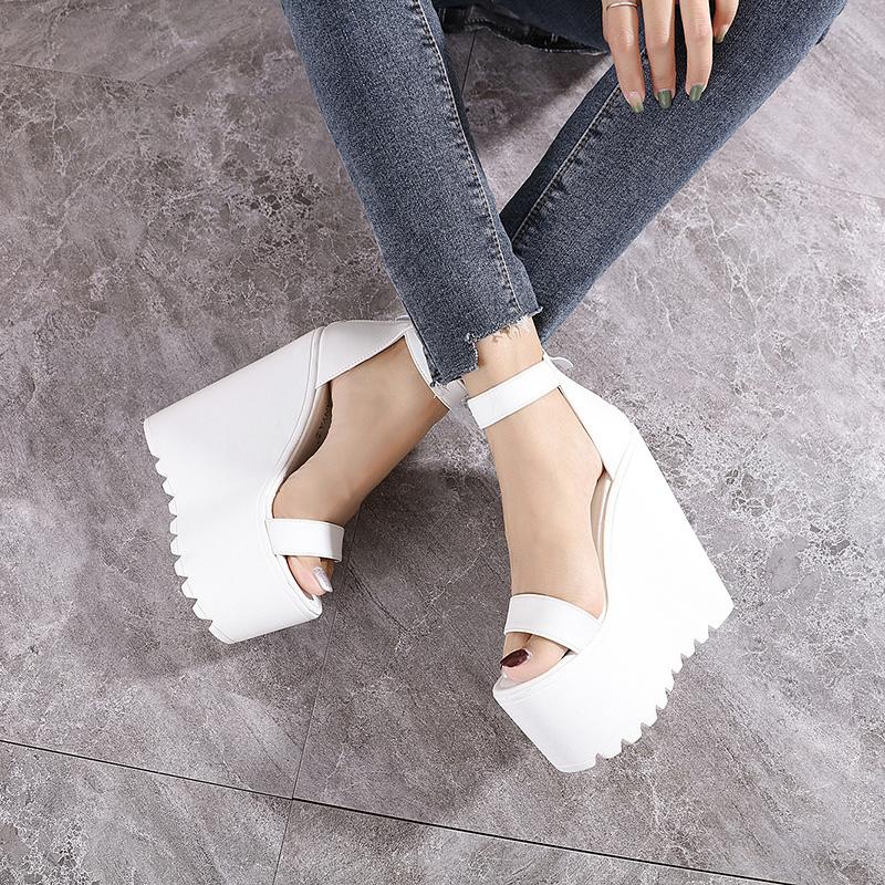Fashion 16cm White Wedge Heel New Summer Thick Heel Platform Dance Shoes Sexy T-stage Night Club Super High Heel Women's Sandals