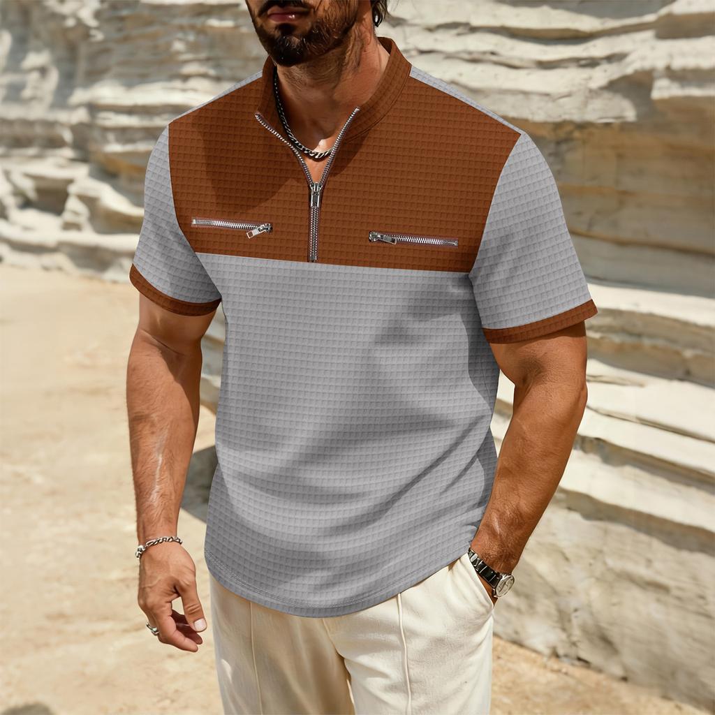 Men's Color Blocked Stand Up Collar 1/4 Zip Up Shirt  Men's Casual And Comfortable Short Sleeved Shirt