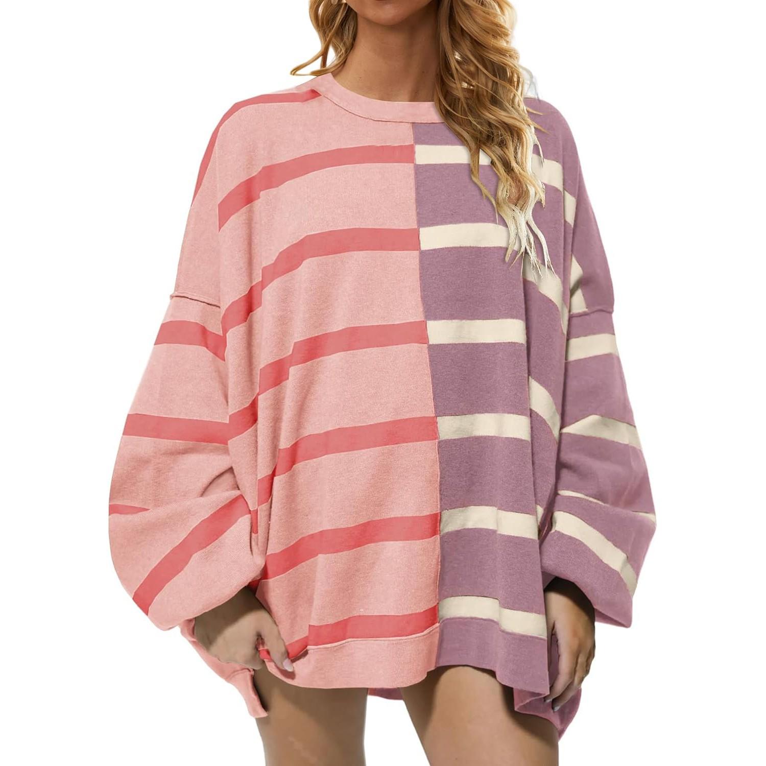 

Женская мода круглый вырез с длинным рукавом толстовка в полоску в стиле пэчворк с принтом повседневный топ XL