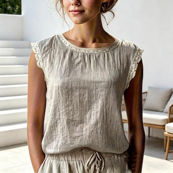 Women Tops Round Neck Sleeveless Loose Fit Summer Casual Vest Pure