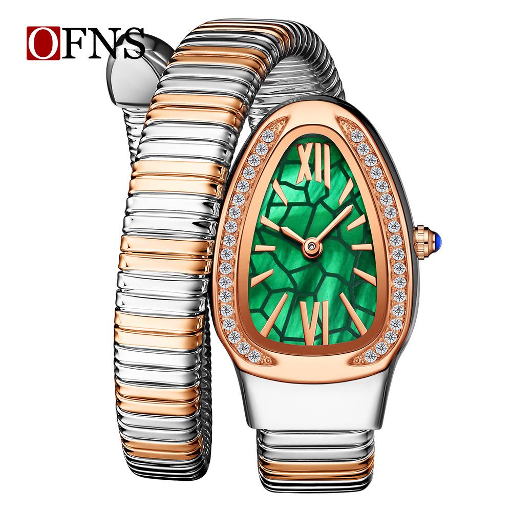OFNS Snake-Shaped Women s Quartz Watch with Diamonds - Elegant Two-Hand Design Bracelet Watch