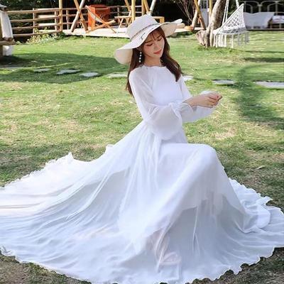 Vestido de Gasa Super Largo para Playa para Mujer Vestido de Primavera Verano Elegante de Manga Larga Holgado con Cordones Vestidos Ajustados