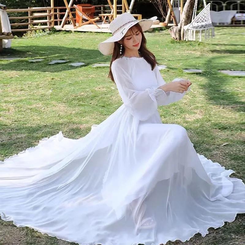 Abito da Spiaggia in Chiffon Super Lungo da Donna Primavera Estate Elegante Manica Lunga Ampio Allacciato Slim Vestiti