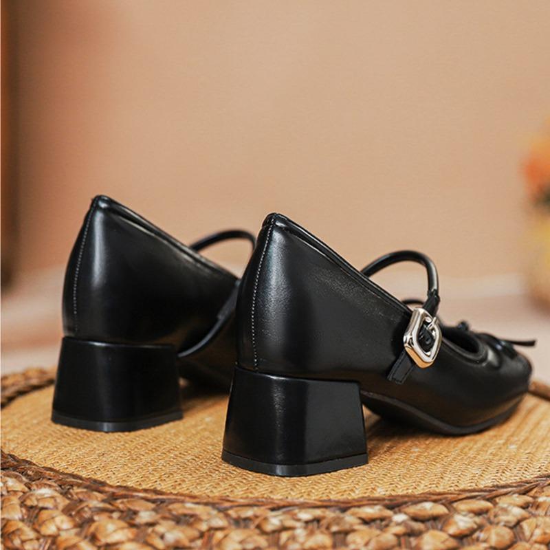 New Mary Jane Shoes Women's Thick Heel Inner Height Increase Bow Round Head Shallow Mouth One-word Buckle Soft-soled Non-slip Single Shoes