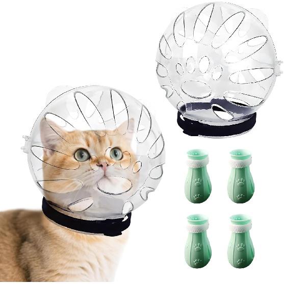 Cat Head Cover,Cat Bubble Muzzle,Cat Helmet for Grooming,Adjustable Hood,Anti-Bite Helmet,with 4 Silicone Paw Shoes,for Pet Bathing Shaving Nail