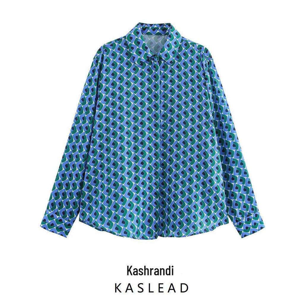 2025 Spring Women's European & American Geometric Silk Satin Shirt