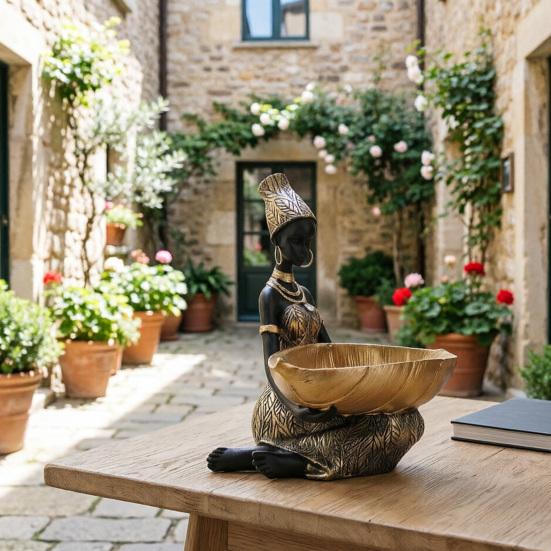 African Woman Holding Leaf Bowl Resin Statue Tribal Kneeling Figurine Jewelry Tray Desktop Decorative Snack Holder for Home Shelf Decor