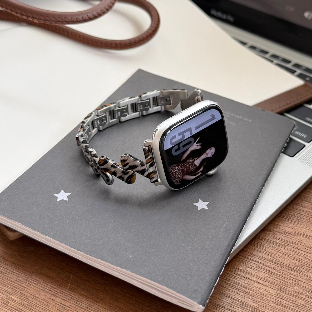 Luxury Leopard Print Resin Metal Strap For Apple Watch Ultra3 Band 49mm Slim Strap for iWatch Series 11 10 9 8 SE3 38/40/41/42/44/45/46 Woman Bracelet