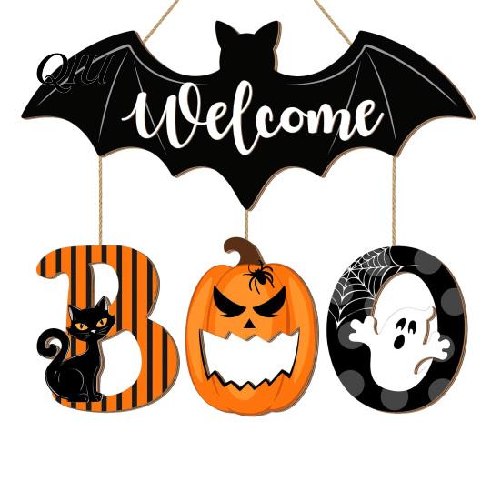 Indoor Outdoor Wall Decor Halloween BOO Door Sign, Spooky Bat Welcome Hanging Wooden Ghost Pumpkin Handmade Boxwood Sign Black Cat Hanger Ornaments