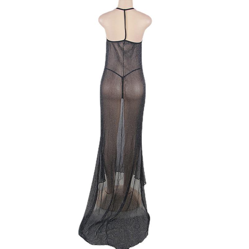 European & American Black Mesh See-Through Long Dress Lingerie Set: Low-Cut Spaghetti Strap Nightgown