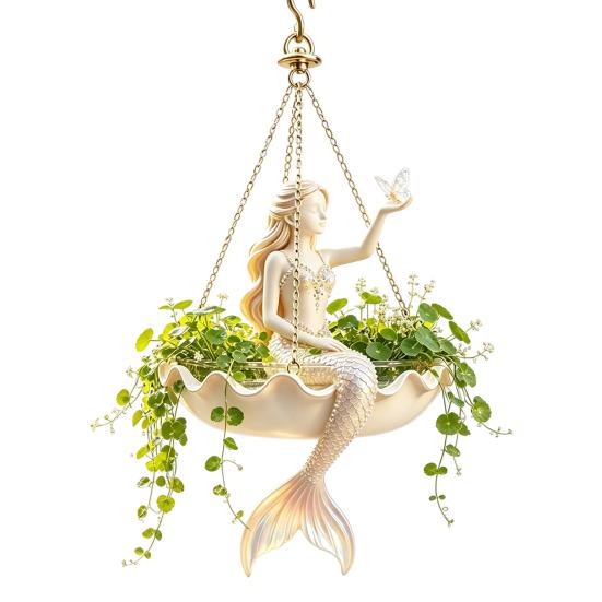 Housewarming Gift for Gardeners Fairy Ballet Dancer Mermaid Hanging Planter, Resin Decorative Flower Pot with Metal Chain, Balcony Outdoor Indoor