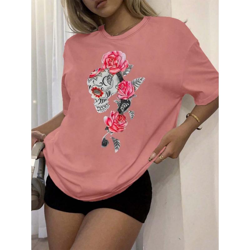 Plus Size Artistic Skull And Rose Print Casual Chic Tee