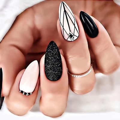 Full Cover Press On Nails, Line Pattern Fake Nails, Women's Fashion Glossy False Nails