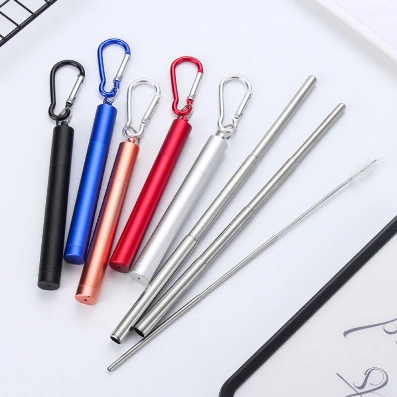 Stainless Steel Telescopic Straws with Cleaning Brush Reusable Drinking Straw Portable Tools Kitchen Bar Drinkware Accessories