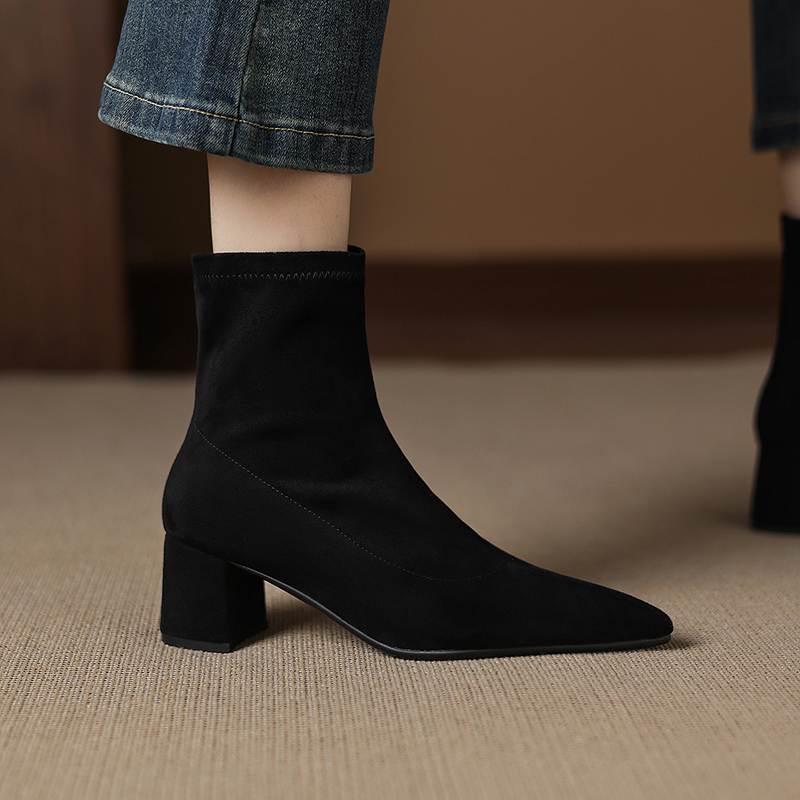 Krazing Pot Flock Pointed Toe Thick Heels Chelsea Boots Size 43 Zip Beauty Lady Women Ankle Boots