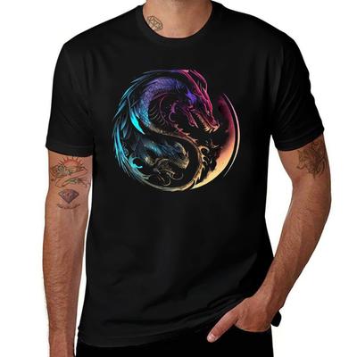 Synthwave Yin Yang Draak T-shirt Fitness Sneldrogend Top met Korte Mouwen