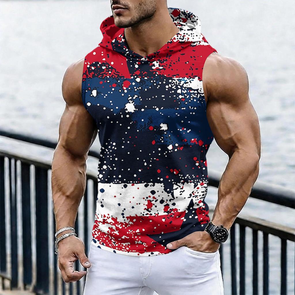 Men's Casual Sleeveless Hoodie Tank Top with Independence Day Print Lightweight Summer Muscle Fit Activewear