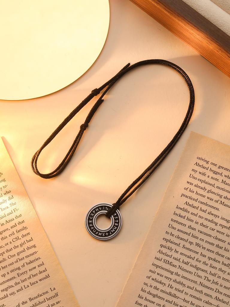 Vintage Viking Rune Round Titanium Steel Pendant Necklace Roman Numeral Sweater Chain Adjustable Necklace