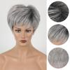 Hnědá paruka Přírodní syntetické paruky pro ženy 10palcová krátká ofina Měkké vlasy Denní použití Krátké šedé Ombre Kudrnaté vlasy Kostým Párty Paruka Ženy