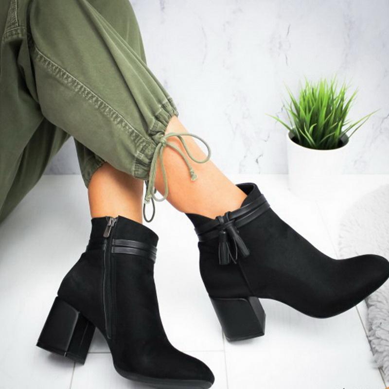 2024 Red Tassel Ankle Shoes  Women's Shoes Single Boots Autumn Winter Pointed Toe Thick With Short Boots 968