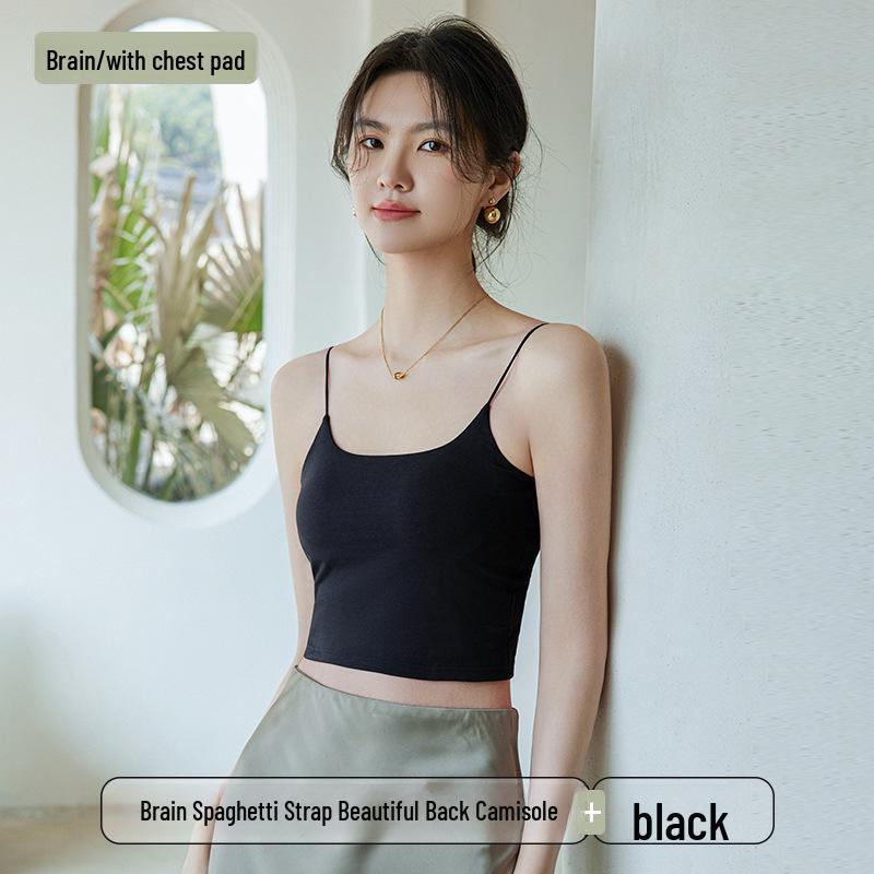 

Літній жіночий безшовний камзол з підкладкою 2025: Тонкі бретелі, що не ковзають, Підтримка грудей з боків, Квадратний виріз горловини, Елегантний дизайн спини. M (90-110 jin) чорний