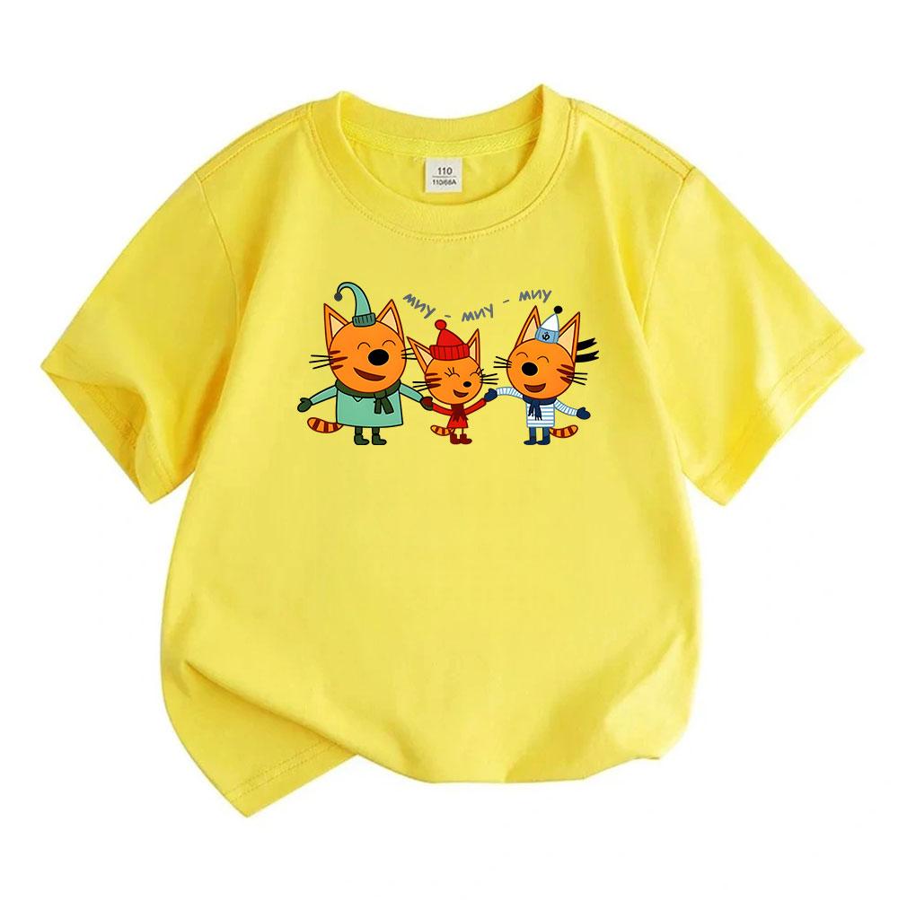 Toddler Boys Girls 100% Cotton O-neck Short Sleeve T-Shirt, Cute Orange Cartoon Cats Singing Pattern Casual Soft Breathable Tee for Kids Daily Wear Ho