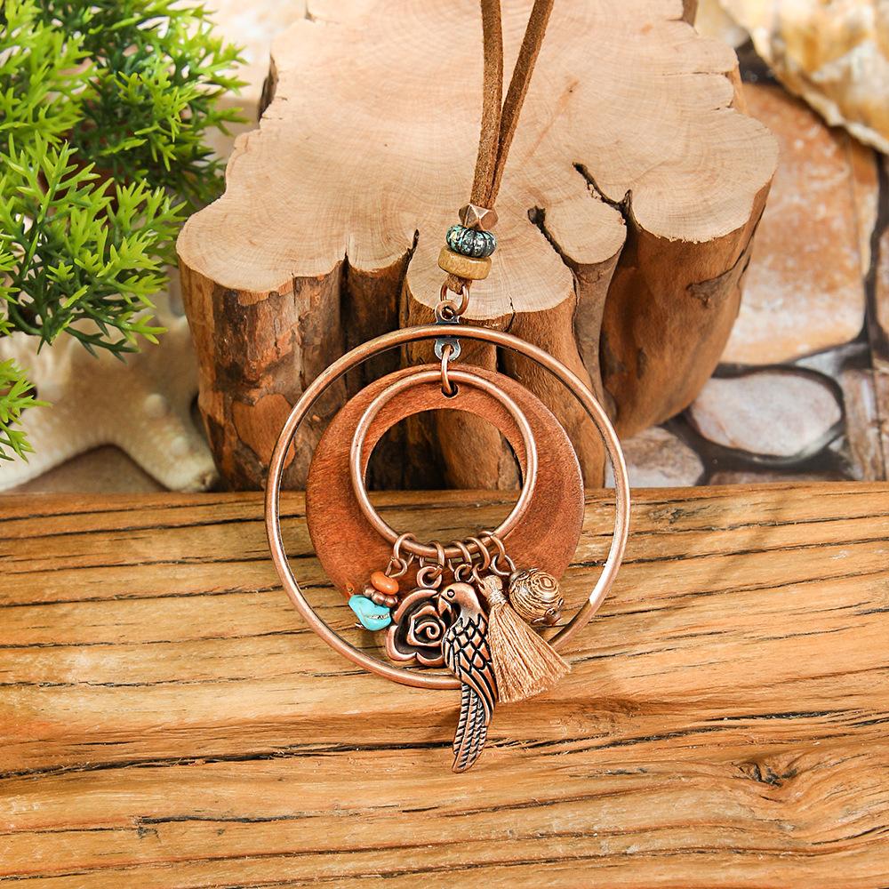 Vintage Bohemian Bird Dreamcatcher Earrings Necklace for Women Ethnic Creative Flower Wood Beads Tassel Brown Boho Jewelry