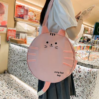 2025 New Leisure Fashion Embroidered Large Capacity Shoulder Bag Cute Cartoon Cat Commuter Canvas Small Round Bag