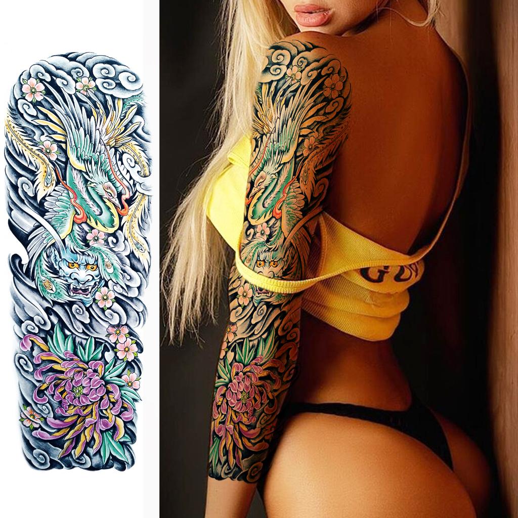 1 Sheet Long Sleeve Temporary Tattoos For Men Women Flower Skull Lion Wolf Tiger Nun Fox Compass Tattoo Sticker Body Art Arm Leg