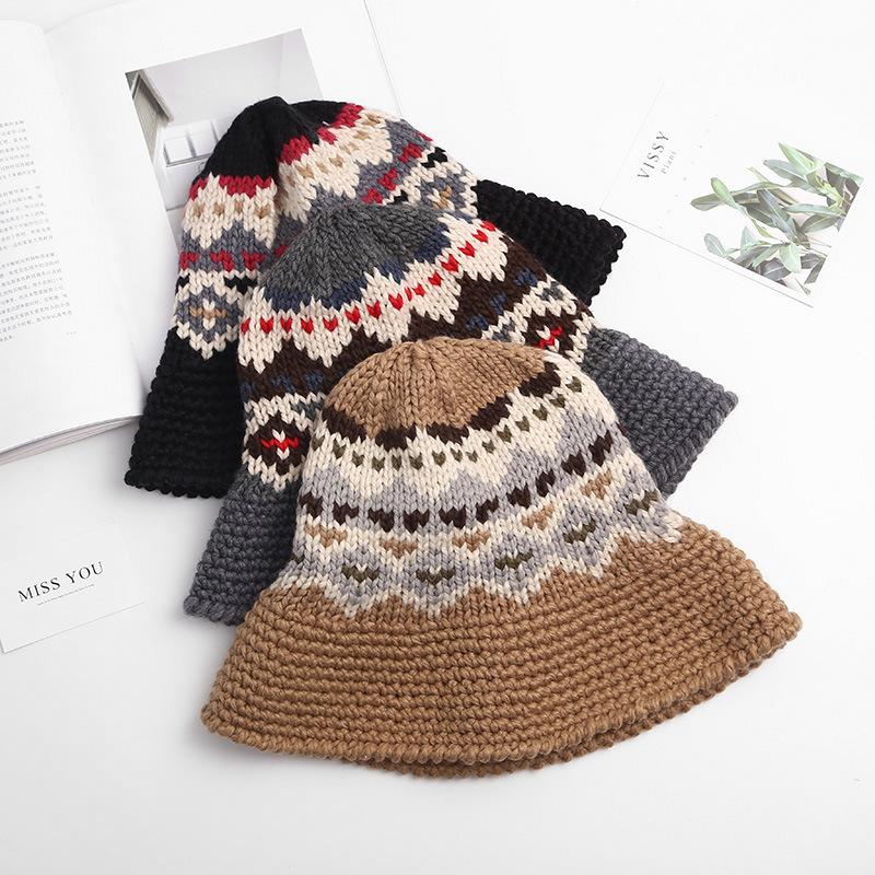 Coarse Wool Fisherman Hat for Women In Autumn and Winter Versatile Street Handmade Crochet Knitted Wool Hat Japanese Literary Curly Basin Hat