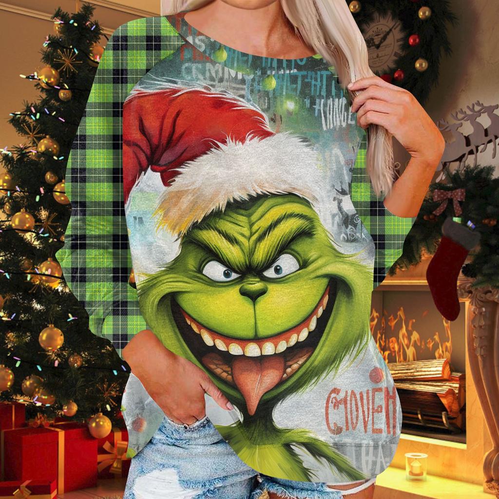 Damenmode, lässig, Rundhalsausschnitt, Langarm, Weihnachtsdruck, Raglanärmel, Sweatshirt-Oberteil