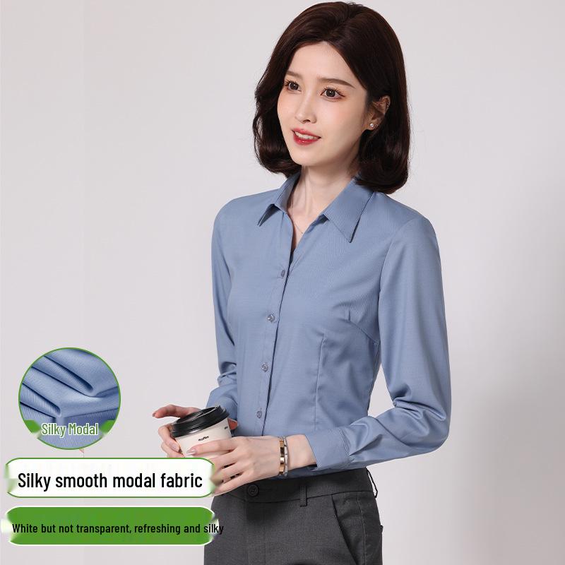 Women's Long Sleeve Professional White Stretch Shirt for College Students and Teachers