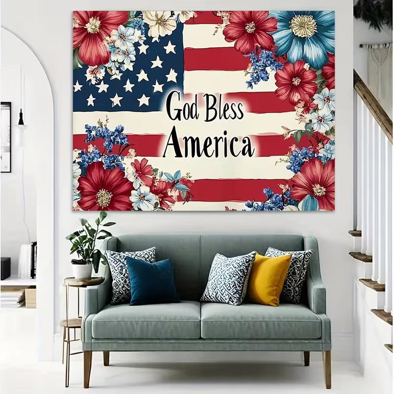 2D Red White Blue Floral Flag Backdrop God Bless America Patriotic Party Background