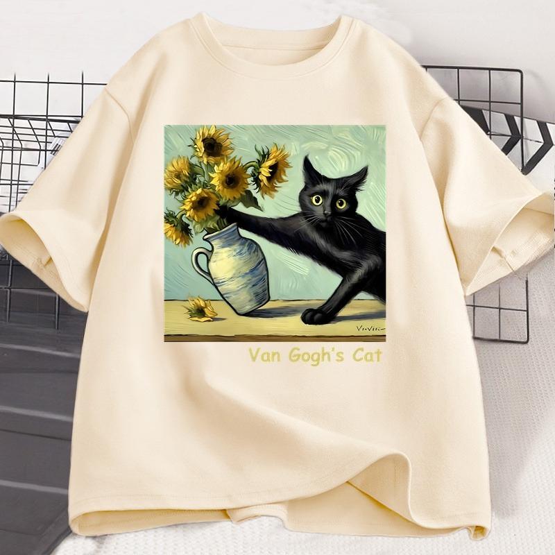 Van Goghs Cat Art Print T Shirt Funny Graphci T Shirts Trendy Summer Loose Short Sleeved Tshirt Unisex Harajuku Top