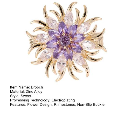 Women Brooch High-Gloss Rhinestone Inlay Sparkling Chrysanthemum Design Lapel Pin Non-Slip Buckle Scarf Badge Clothing Bags