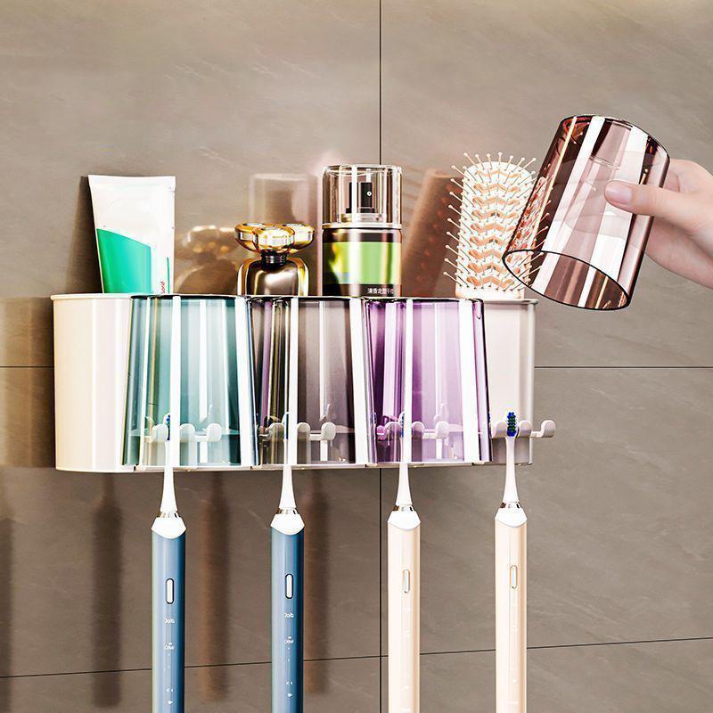 Multifunctional Toothbrush Holder And Mug Holder Wall Mounted Perforation-free Bathroom Shelf Mouthwash Cup Toothbrush Holder