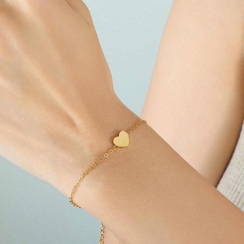 Korean Heart Pendant 18K Gold-Plated Titanium Steel Bracelet, Non-Fading, Hypoallergenic E072