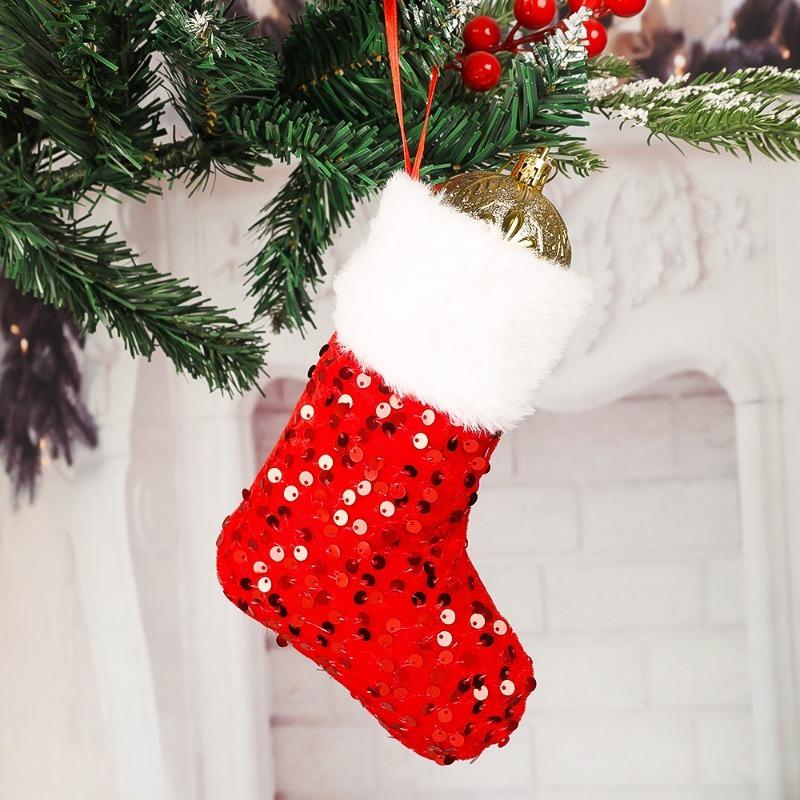 Glitter Christmas Stocking Pendant Plush White Border Sparkling Xmas Tree Decorations Candy Bags Home New Year Party Ornaments