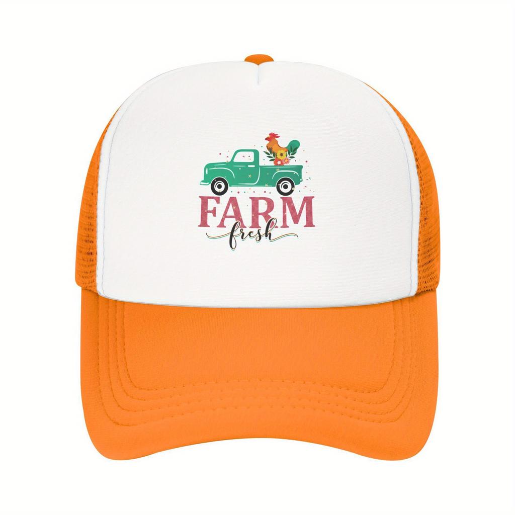 Farm Fresh Truck Rooster Graphic Trucker Hat Polyester Mesh Breathable Casual Unisex Cap