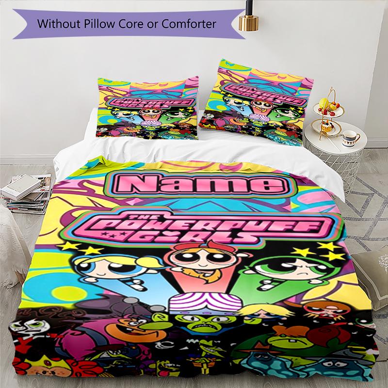 3pcs Custom Name The Powerpuff Girls Bedding Set Duvet Cover Closure Includes 1 Duvet Cover & 2 Pillowcases, Soft and Comfortable for All Seasons.