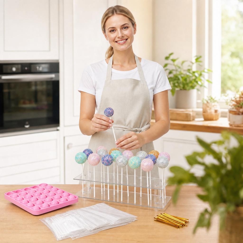303 Piece Cake Pop Lollipop Making Kit Includes Silicone Mold Sticks Wrapping Bags Display Stand and Sealing Clips for DIY Chocolate Candy Dessert