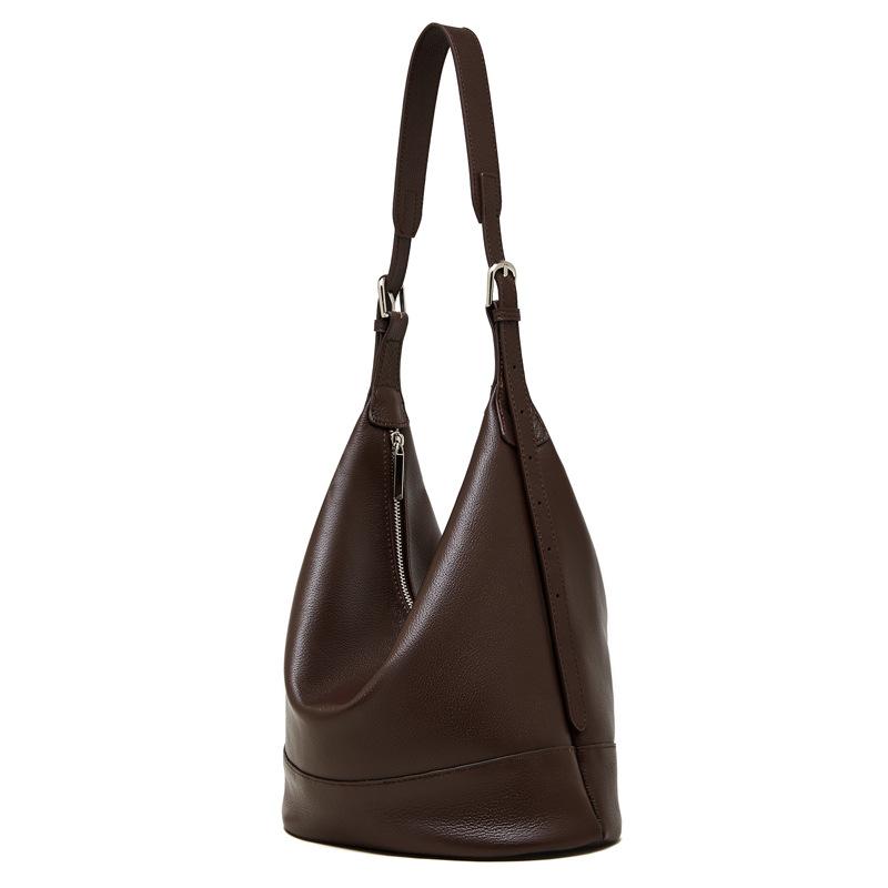 

Genuine leather large-capacity work commuter bag niche light luxury high-end first-layer cowhide new versatile oblique span bucket bag Mouth 35 bottom 26*15*27 темно-коричневого кольору