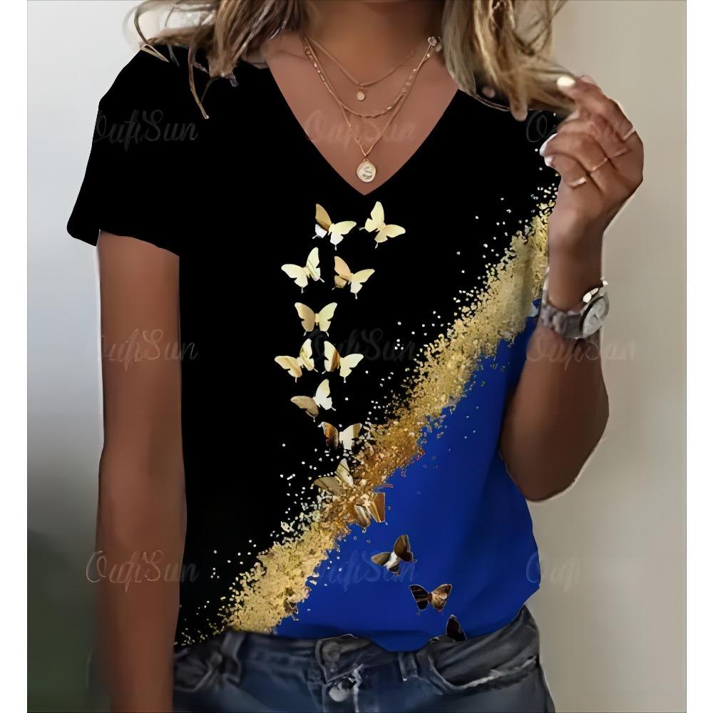 Summer Women V-neck Short sleeved Butterfly 3D Print Top Fashion Large T-shirt Women's Clothing