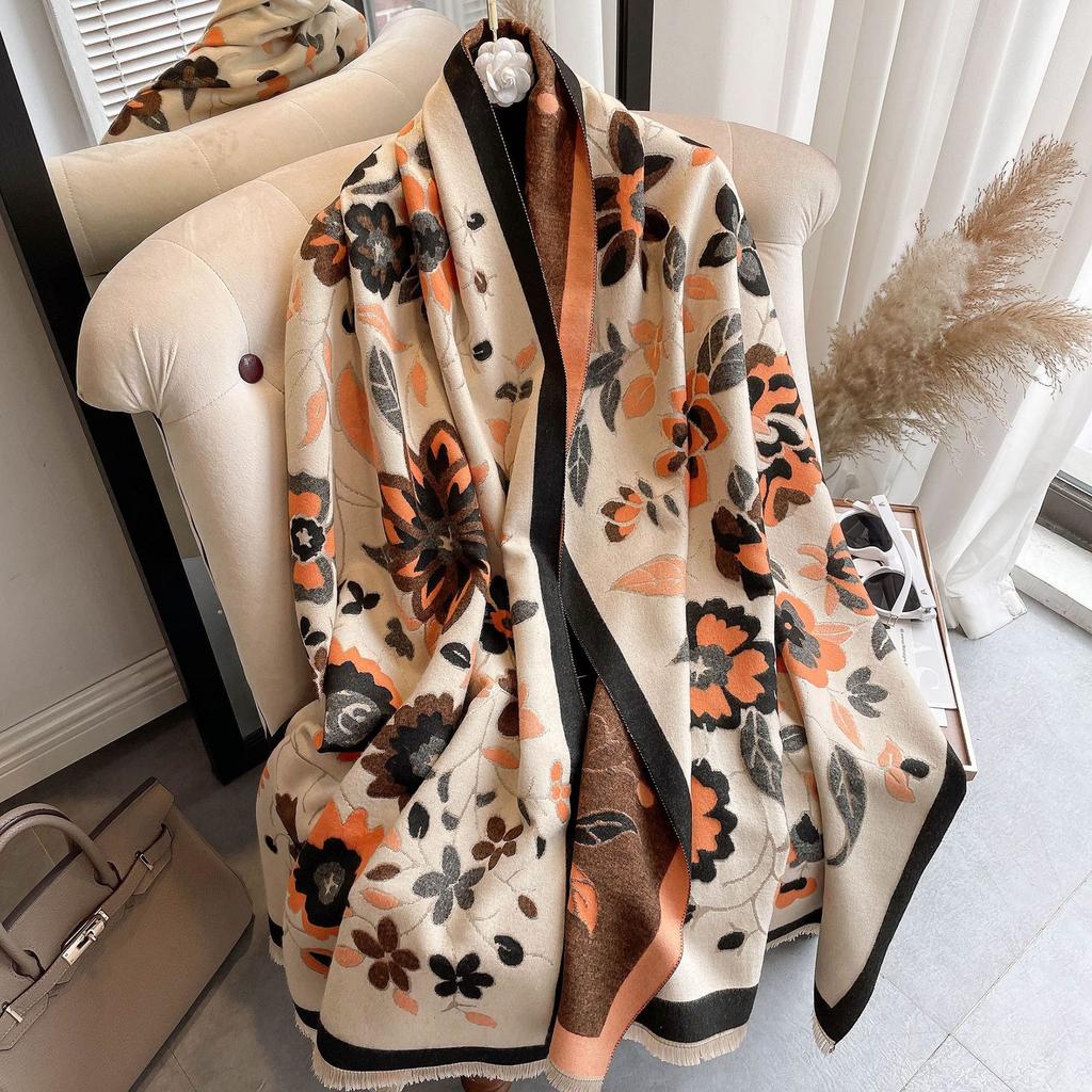 Flower Jacquard Scarf Women'S Autumn And Winter Imitation Cashmere Decoration Air Conditioner Shawl Short Beard Tassel Scarf Tassel Decoration